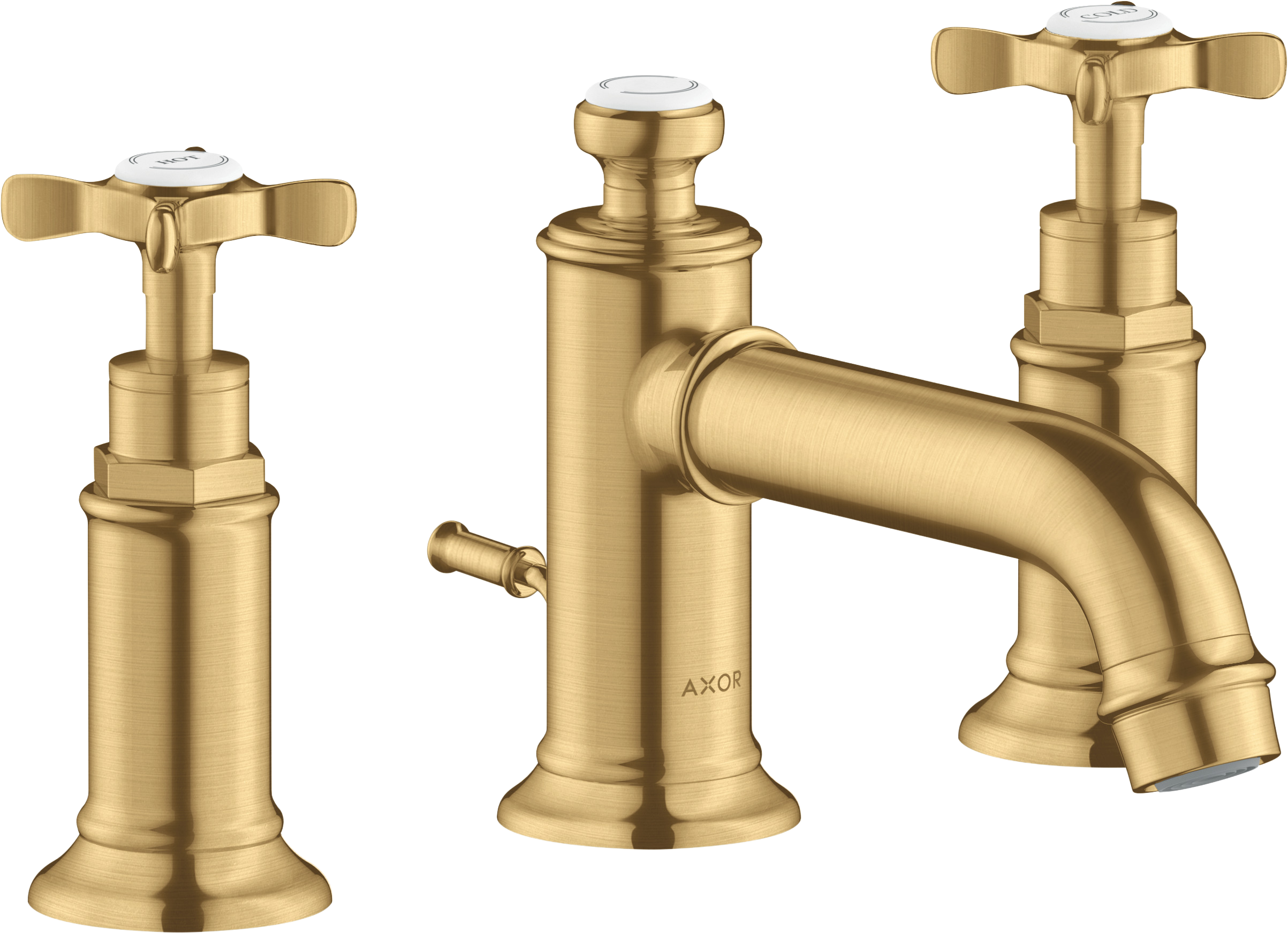 AXOR Montreux 3-Hole Basin Mixer Faucet 30 with Cross Handles and Pop-Up Waste Set from Brandt in Brushed Gold Optic finish