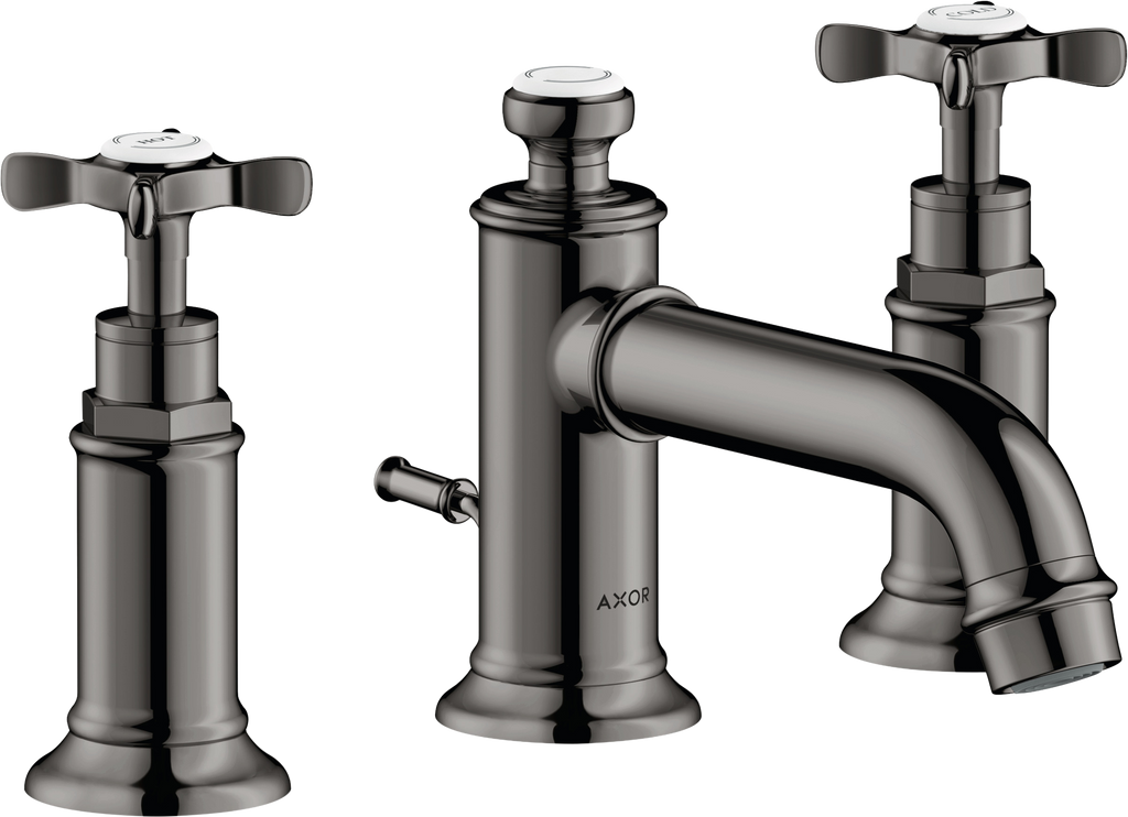 AXOR Montreux 3-Hole Basin Mixer Faucet 30 with Cross Handles and Pop-Up Waste Set from Brandt in Polished Black Chrome finish