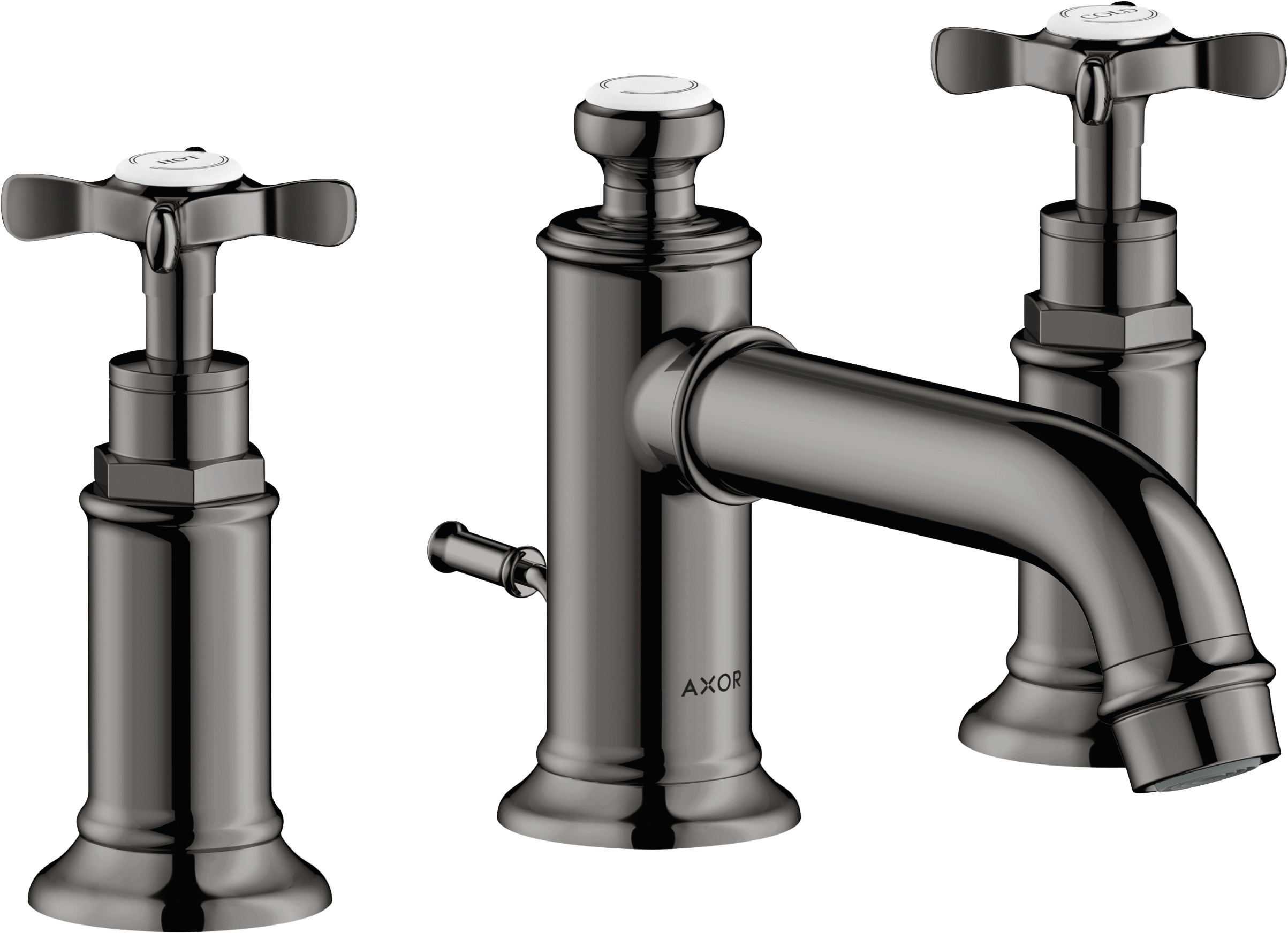 AXOR Montreux 3-Hole Basin Mixer Faucet 30 with Cross Handles and Pop-Up Waste Set from Brandt in Polished Black Chrome finish