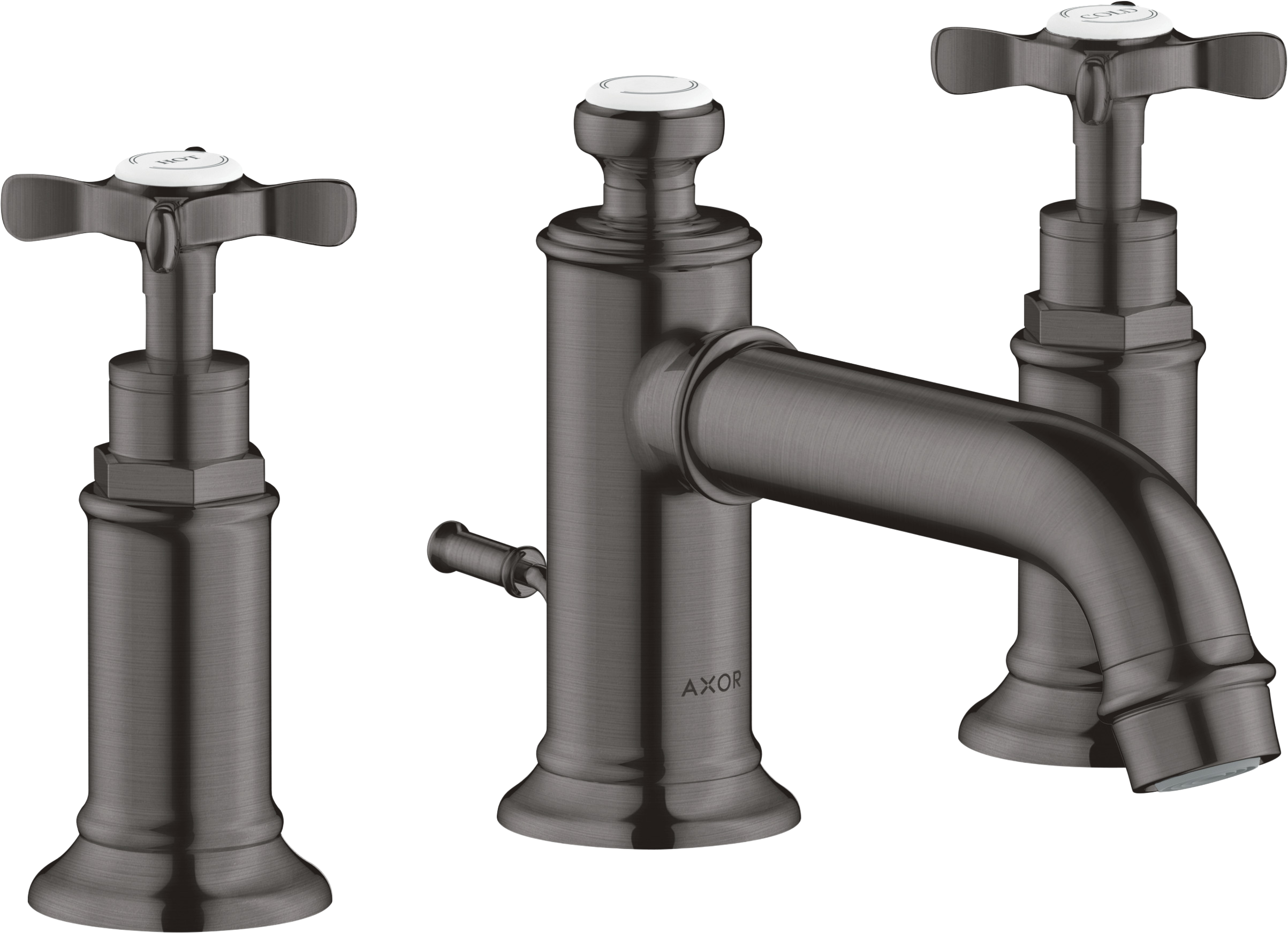 AXOR Montreux 3-Hole Basin Mixer Faucet 30 with Cross Handles and Pop-Up Waste Set from Brandt in Brushed Black Chrome finish