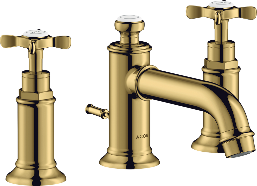 AXOR Montreux 3-Hole Basin Mixer Faucet 30 with Cross Handles and Pop-Up Waste Set from Brandt in Polished Gold Optic finish