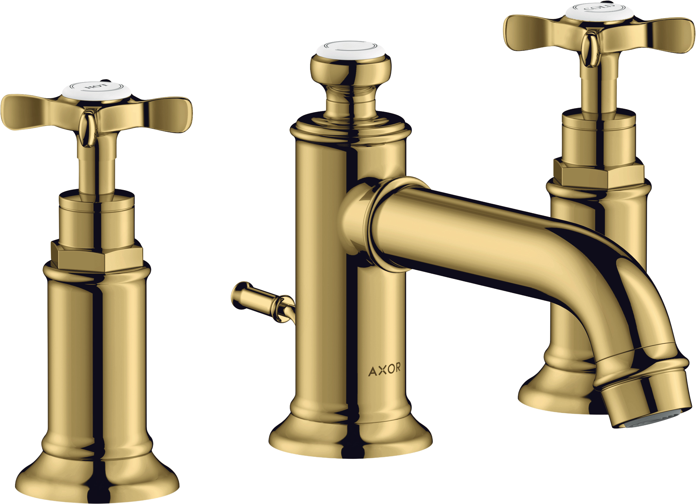 AXOR Montreux 3-Hole Basin Mixer Faucet 30 with Cross Handles and Pop-Up Waste Set from Brandt in Polished Gold Optic finish