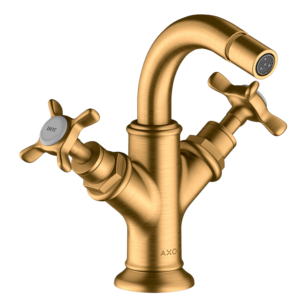 AXOR Montreux 2-Handle Bidet Mixer Faucet with Cross Handles and Pop-Up Waste Set from Brandt in Brushed Gold Optic finish
