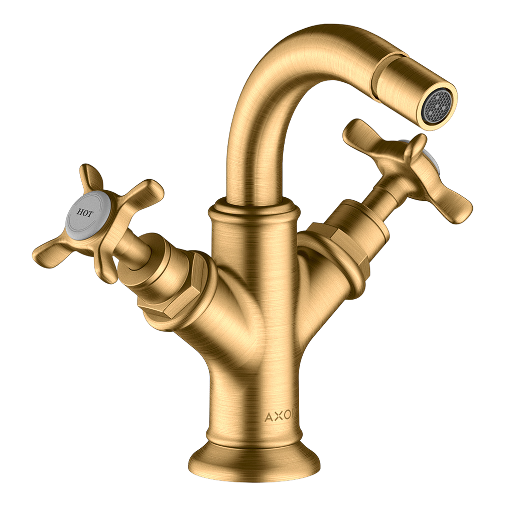 AXOR Montreux 2-Handle Bidet Mixer Faucet with Cross Handles and Pop-Up Waste Set from Brandt in Brushed Brass finish