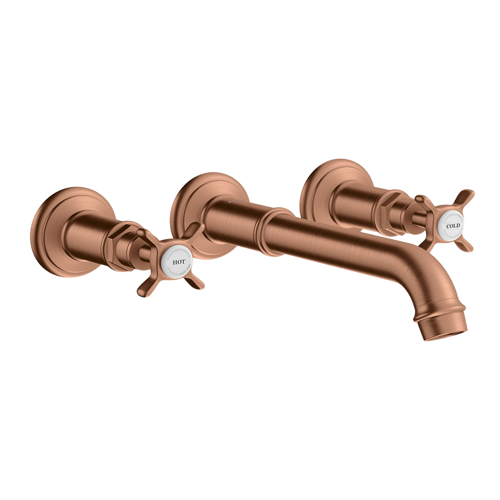 AXOR Montreux 3-Hole Concealed Basin Mixer Faucet with 165–225 mm Spout and Cross Handles from Brandt in Brushed Red Gold finish