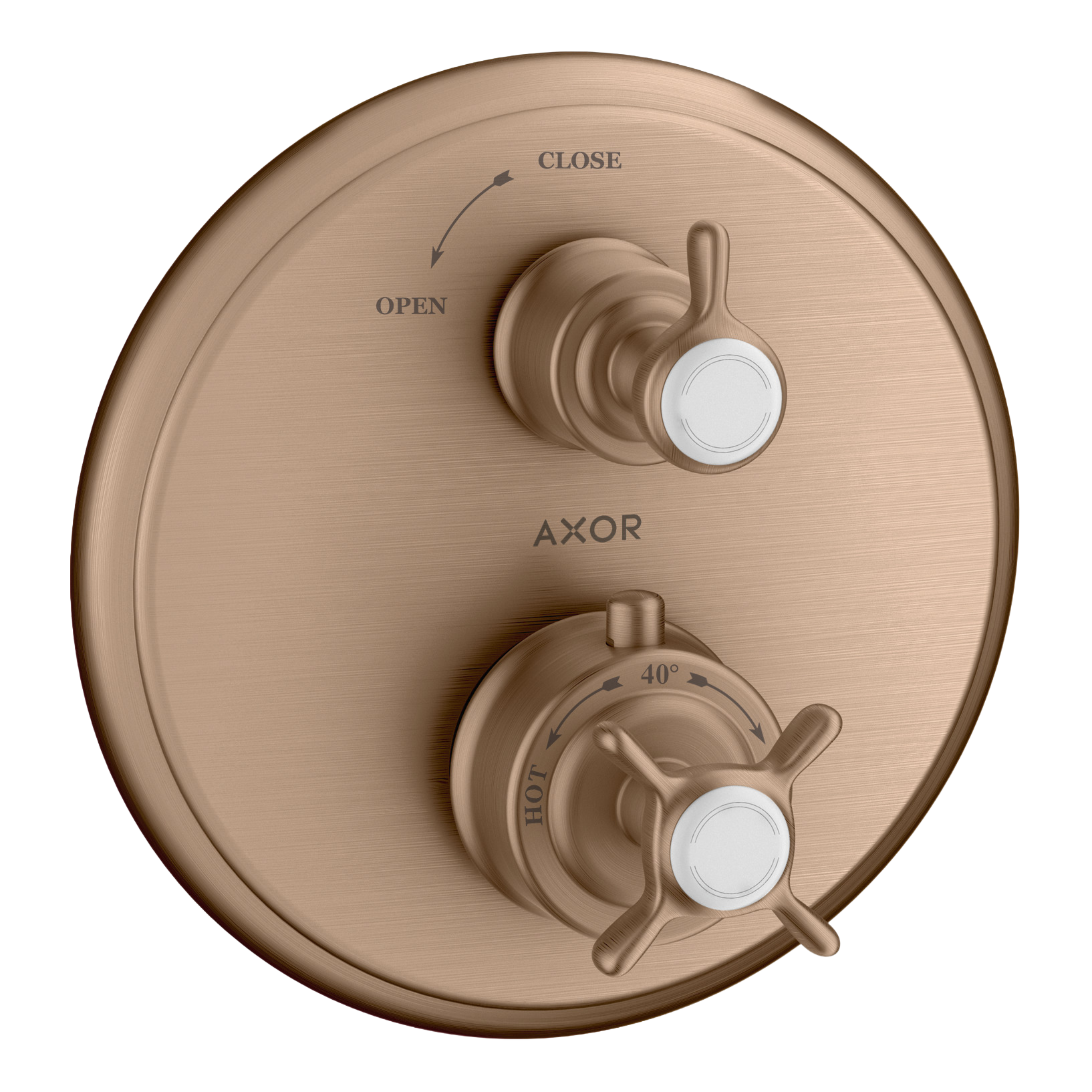 AXOR Montreux Concealed Shower Thermostat with Cross Handle and Shut-Off Valve from Brandt in Brushed Red Gold finish