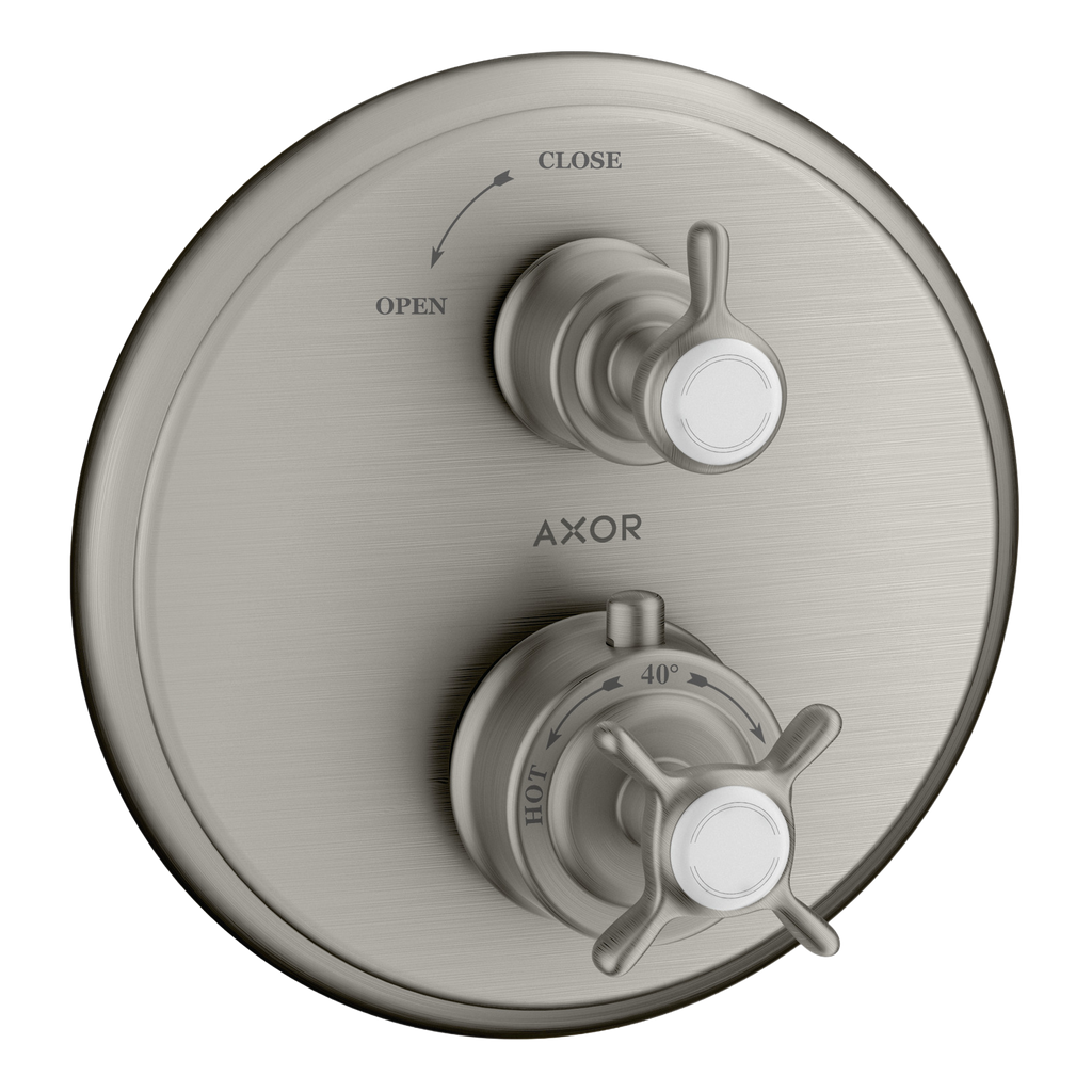 AXOR Montreux Concealed Shower Thermostat with Cross Handle and Shut-Off Valve from Brandt in Stainless Steel Optic finish