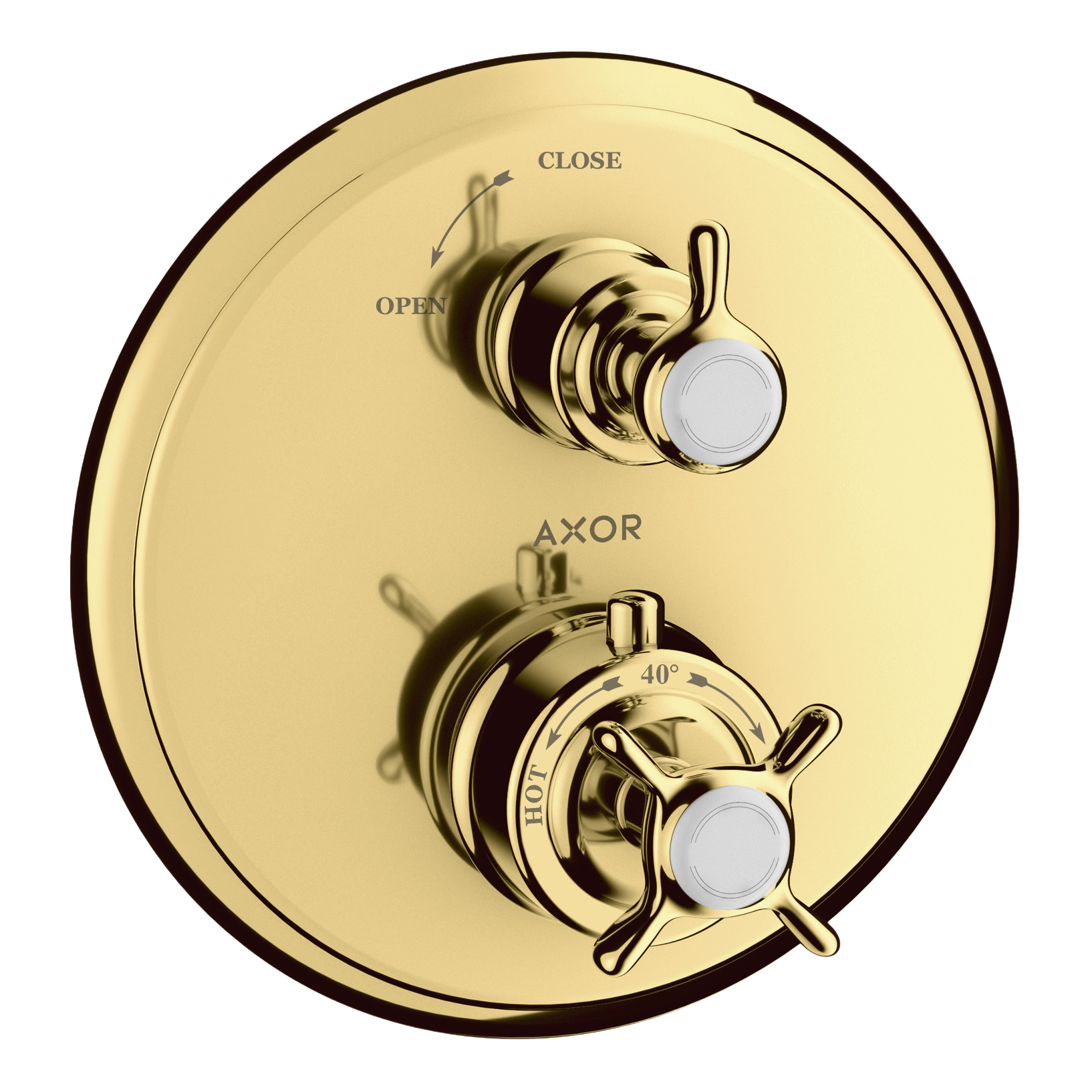 AXOR Montreux Concealed Shower Thermostat with Cross Handle and Shut-Off Valve from Brandt in Polished Gold Optic finish