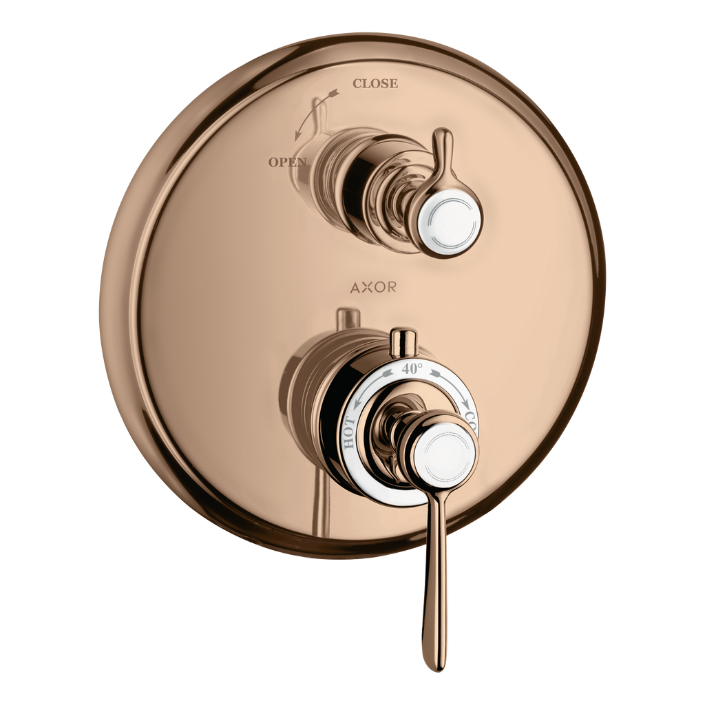 AXOR Montreux Concealed Shower Thermostat with Lever Handle and Shut-Off Valve from Brandt in Polished Red Gold finish