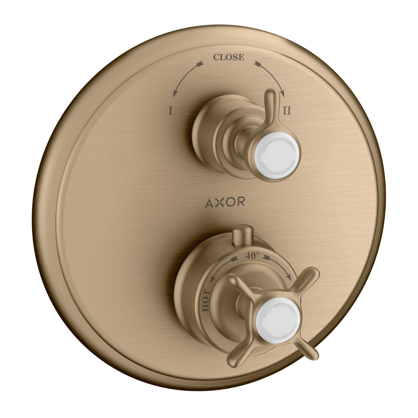 AXOR Montreux Concealed Shower Thermostat with Cross Handle and Shut-Off Diverter Valve from Brandt in Brushed Bronze finish