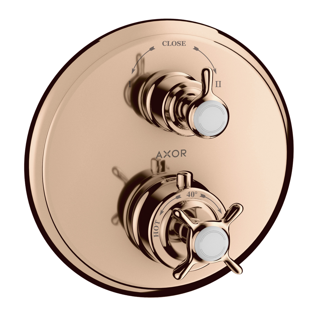 AXOR Montreux Concealed Shower Thermostat with Cross Handle and Shut-Off Diverter Valve from Brandt in Polished Red Gold finish