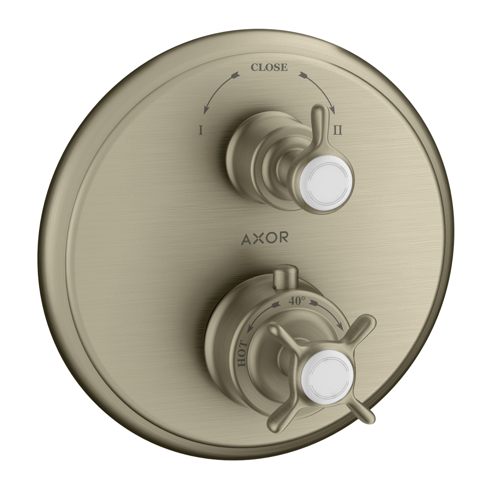 AXOR Montreux Concealed Shower Thermostat with Cross Handle and Shut-Off Diverter Valve from Brandt in Brushed Nickel finish