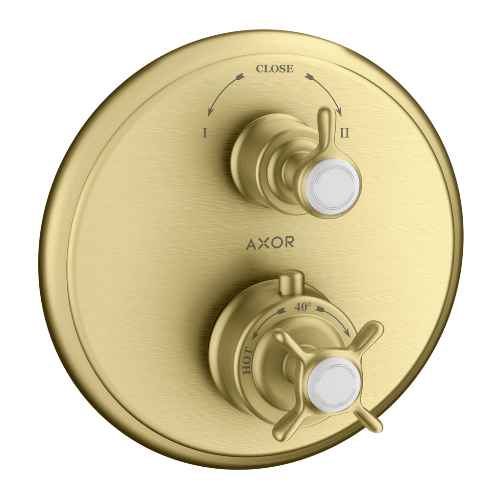 AXOR Montreux Concealed Shower Thermostat with Cross Handle and Shut-Off Diverter Valve from Brandt in Brushed Brass finish