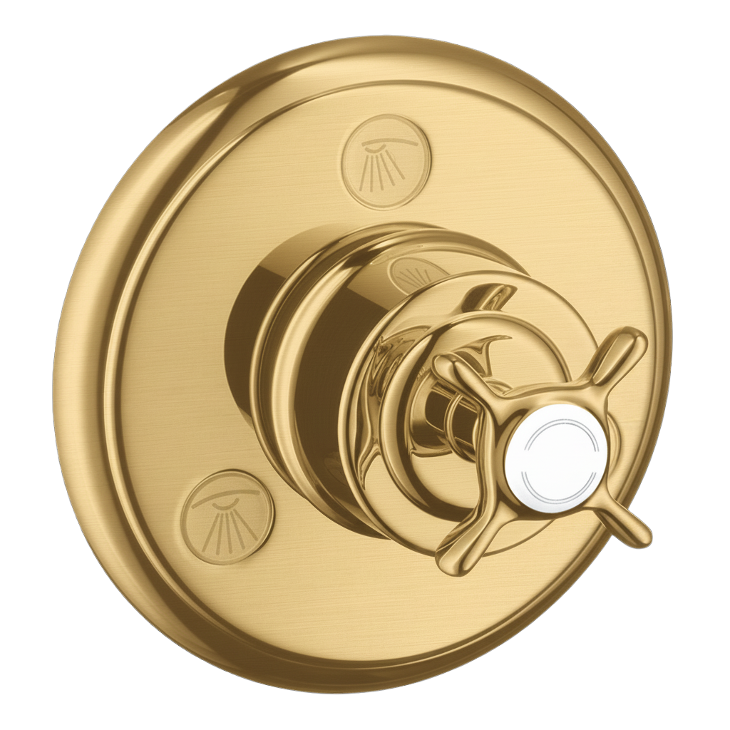 AXOR Montreux Trio Quattro Concealed Shut-Off Diverter Valve with Cross Handle from Brandt in Brushed Gold Optic finish