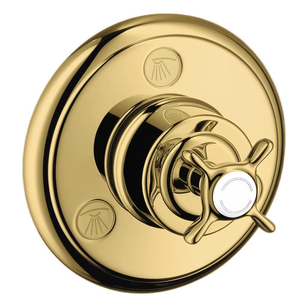 AXOR Montreux Trio Quattro Concealed Shut-Off Diverter Valve with Cross Handle from Brandt in Polished Gold Optic finish