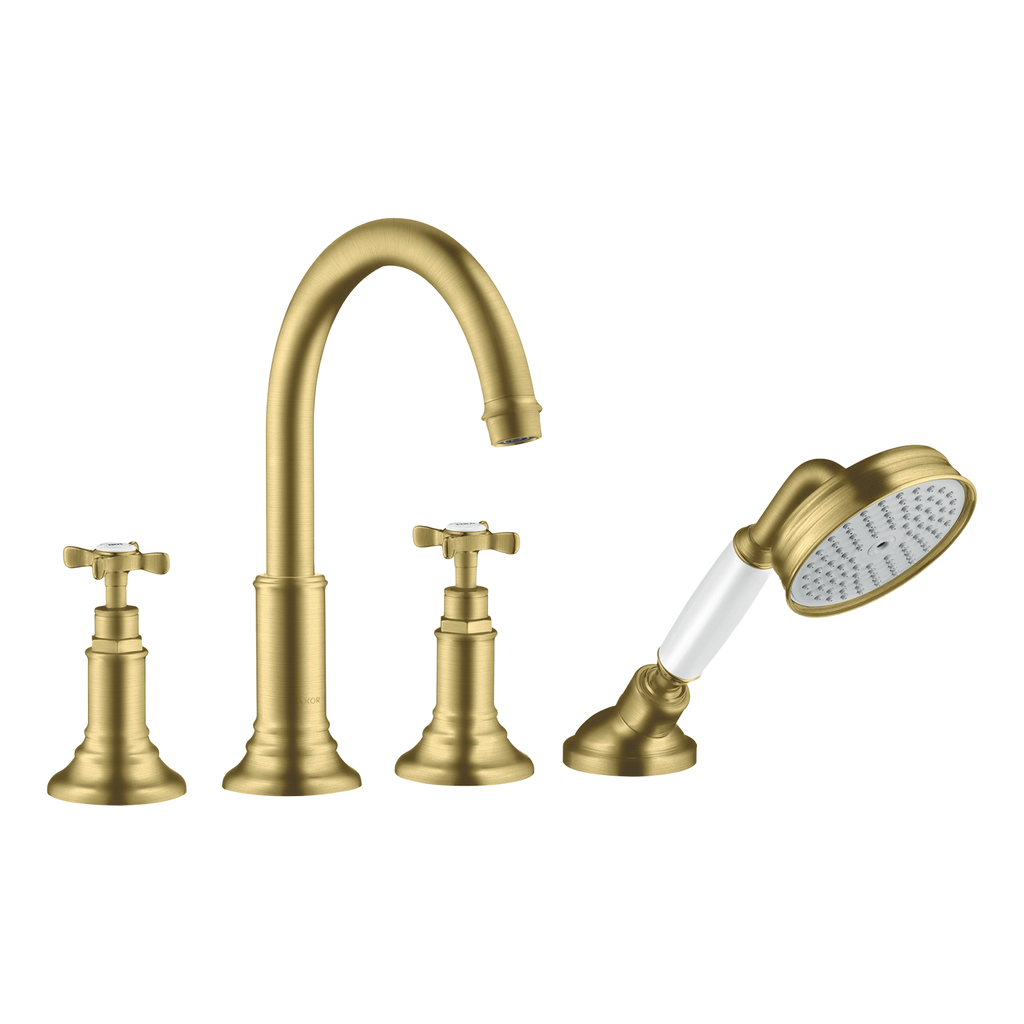 AXOR Montreux 4-Hole Tile-Mounted Bath & Shower Mixer Faucet with Cross Handles from Brandt in Brushed Brass finish