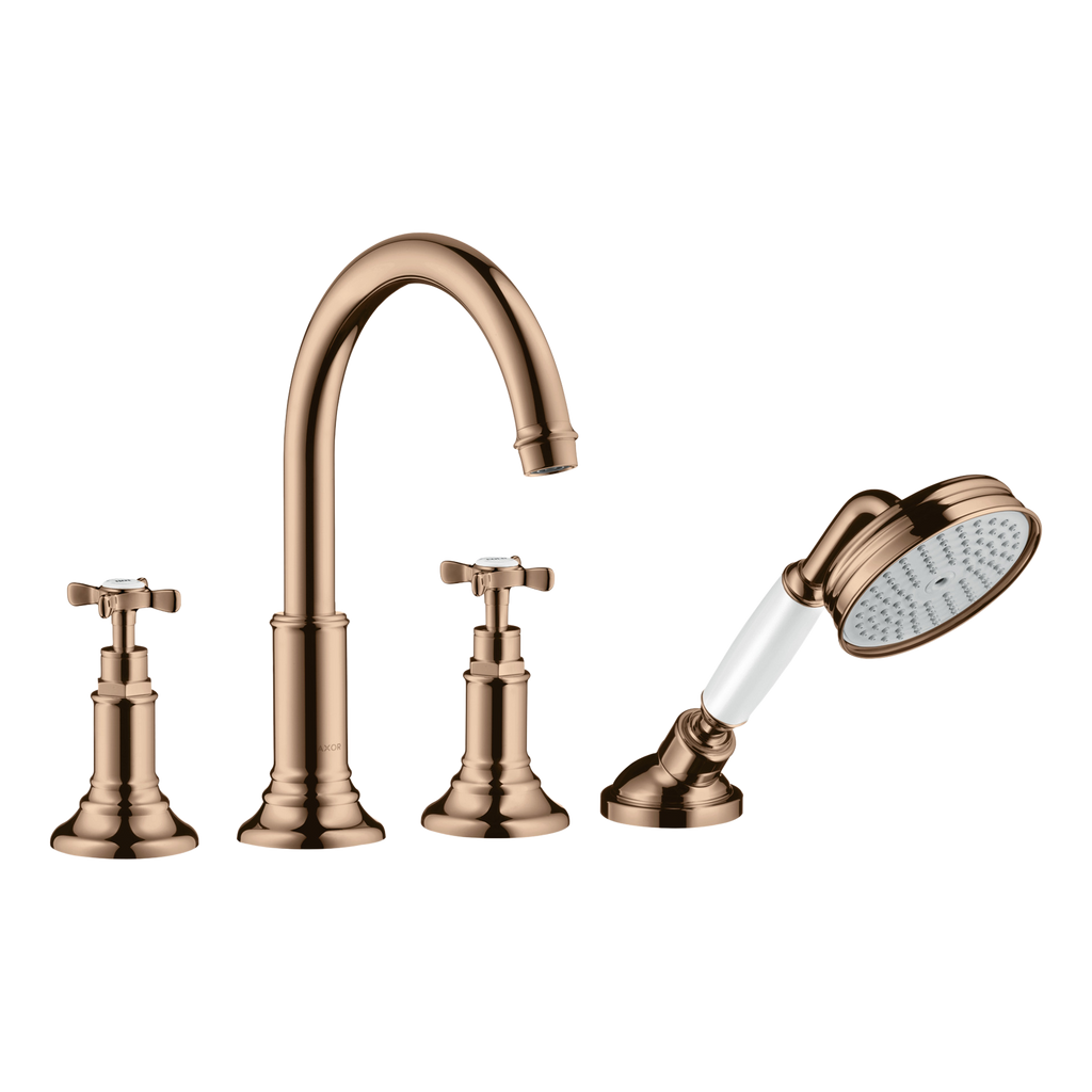 AXOR Montreux 4-Hole Rim-Mounted Bath & Shower Mixer Faucet with Cross Handles from Brandt in Polished Red Gold finish