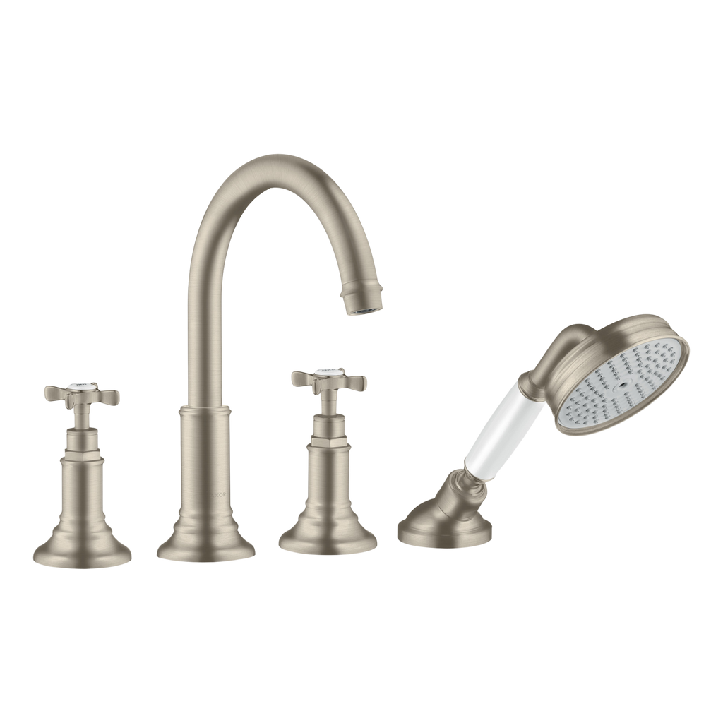 AXOR Montreux 4-Hole Rim-Mounted Bath & Shower Mixer Faucet with Cross Handles from Brandt in Brushed Nickel finish