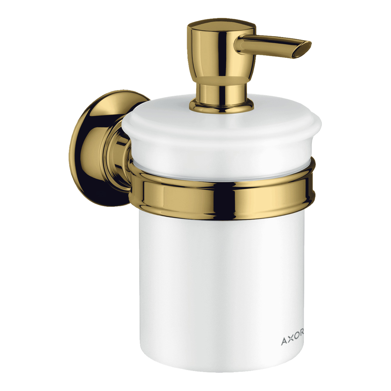 AXOR Montreux Wall-Mounted Liquid Soap Dispenser from Brandt in Polished Gold Optic finish