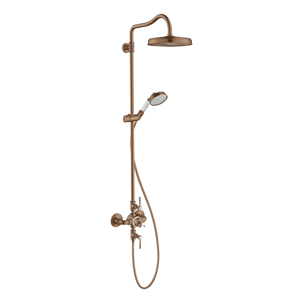 AXOR Montreux Shower Column with Thermostat and Overhead Shower 240 1jet from Brandt in Brushed Red Gold finish