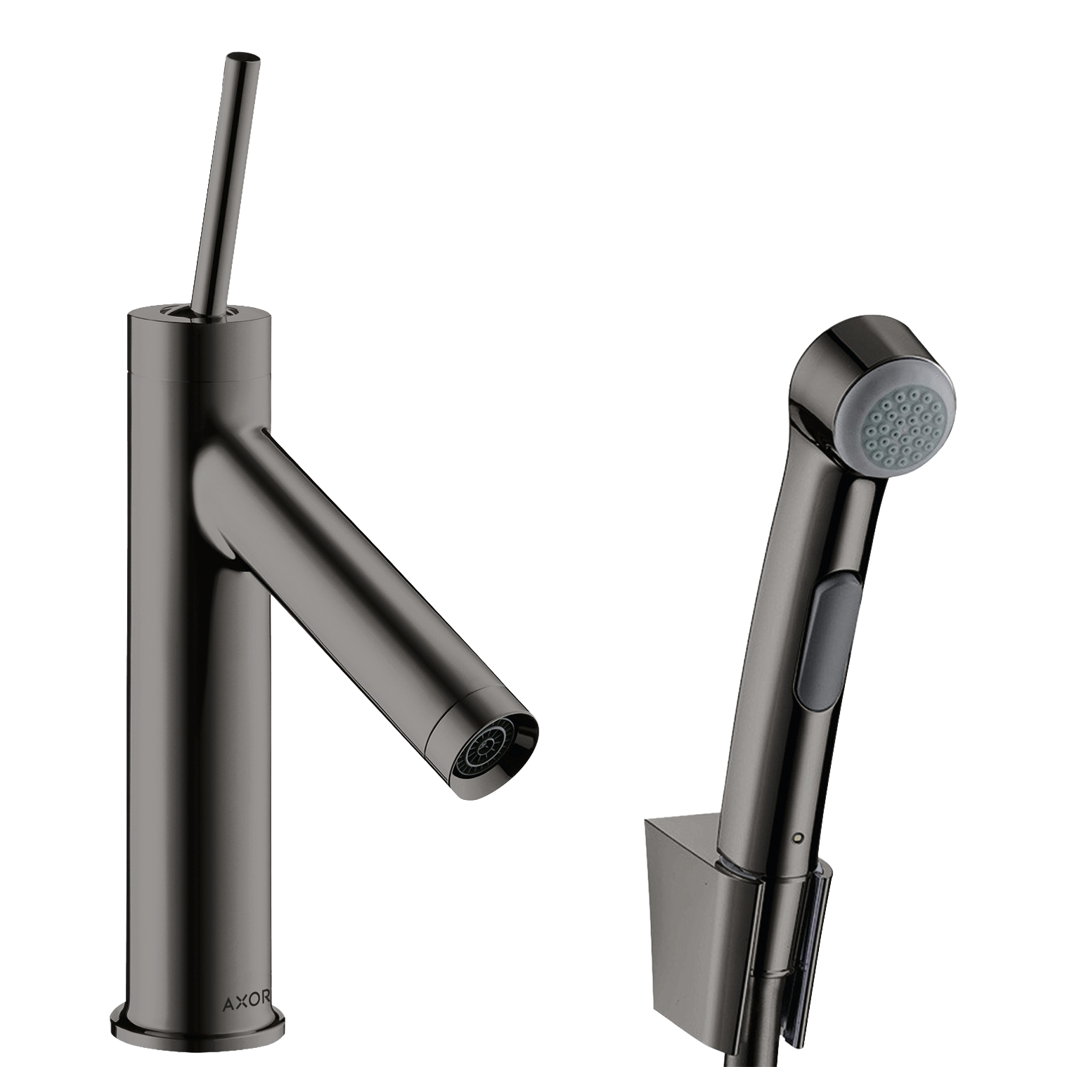 AXOR Starck Single Pin Handle Basin Mixer Faucet 90 with Bidette Hand Shower from Brandt in Polished Black Chrome finish