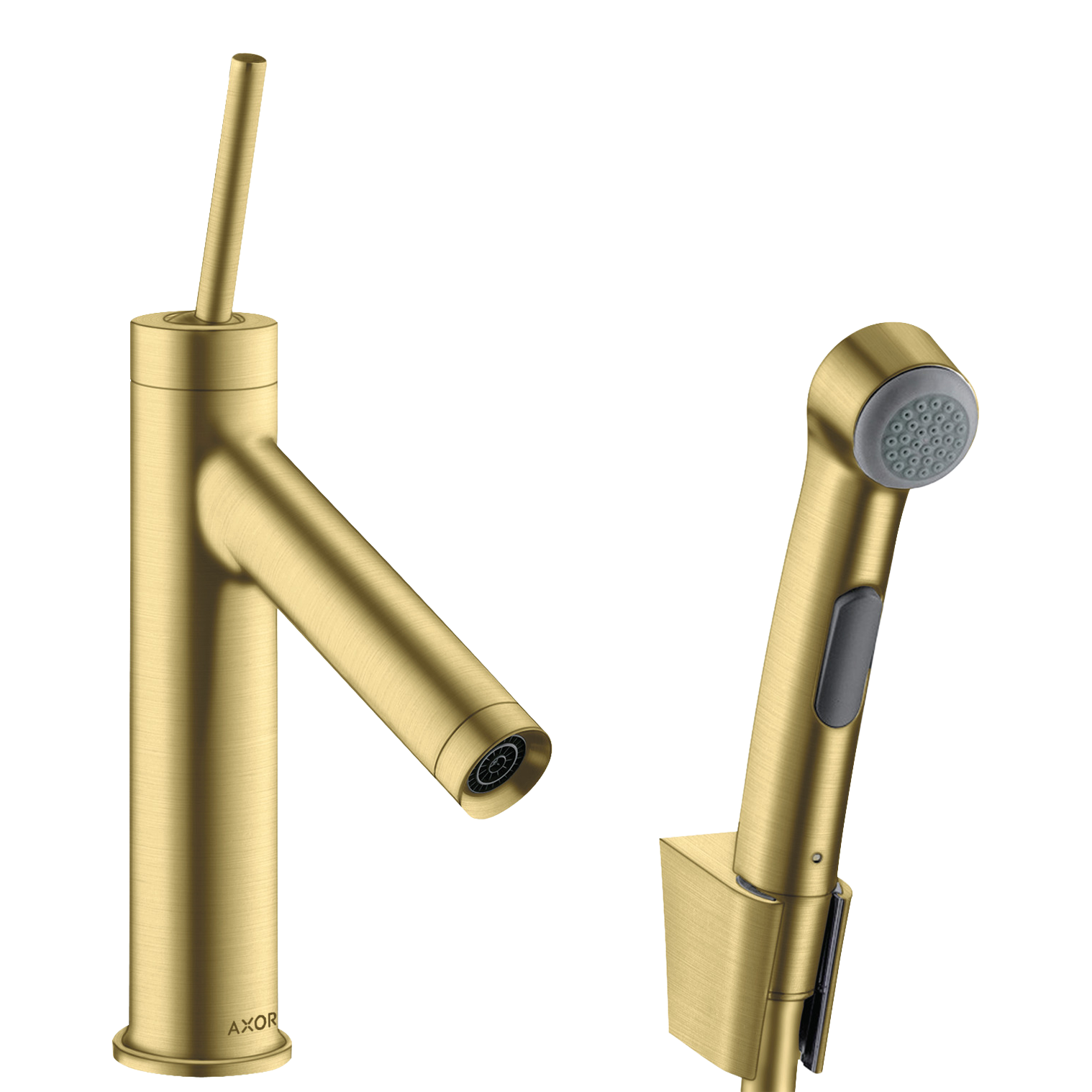 AXOR Starck Single Pin Handle Basin Mixer Faucet 90 with Bidette Hand Shower from Brandt in Brushed Brass finish