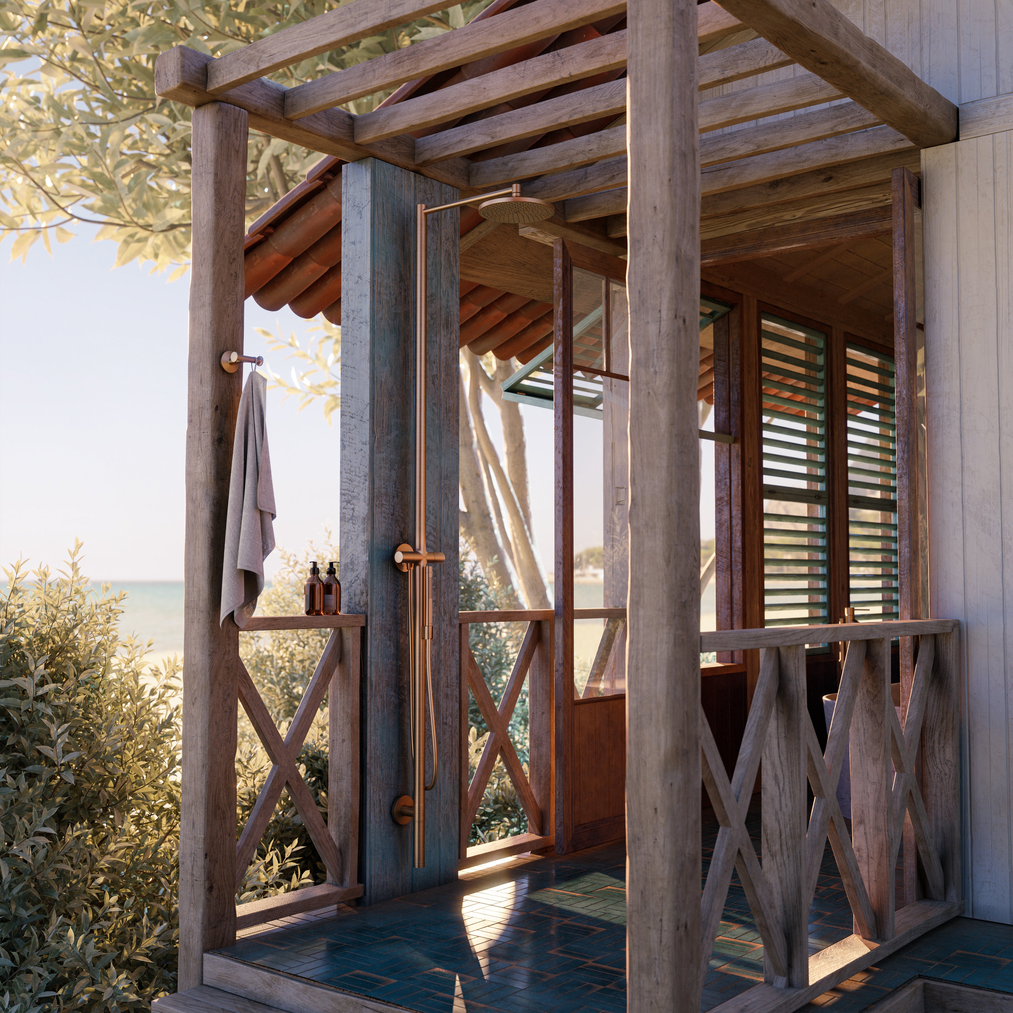 AXOR Starck Nature Outdoor Shower Column with Overhead Shower 240 1jet from Brandt in Brushed Bronze finish