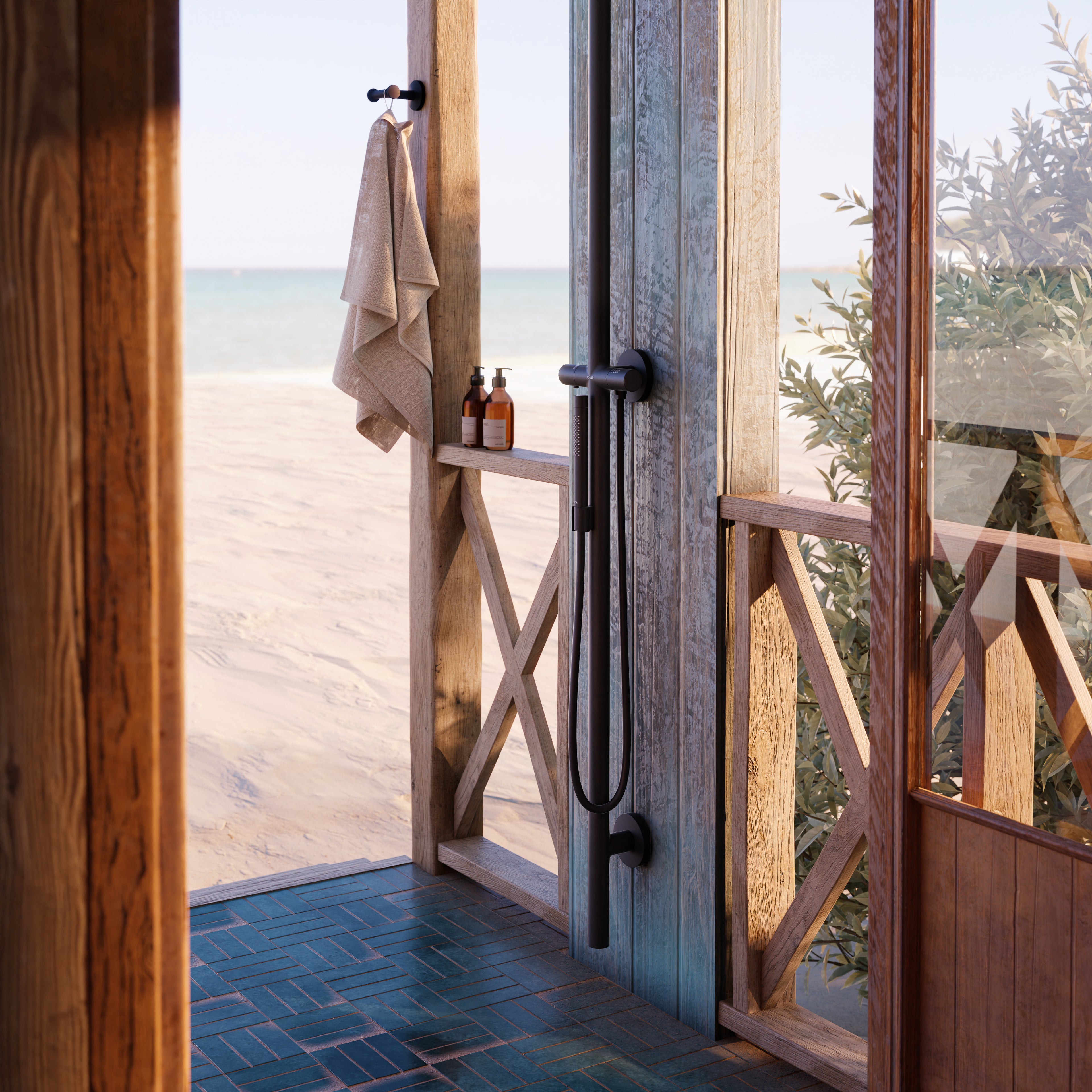 AXOR Starck Nature Outdoor Shower Column with Overhead Shower 240 1jet from Brandt in Matt Black finish