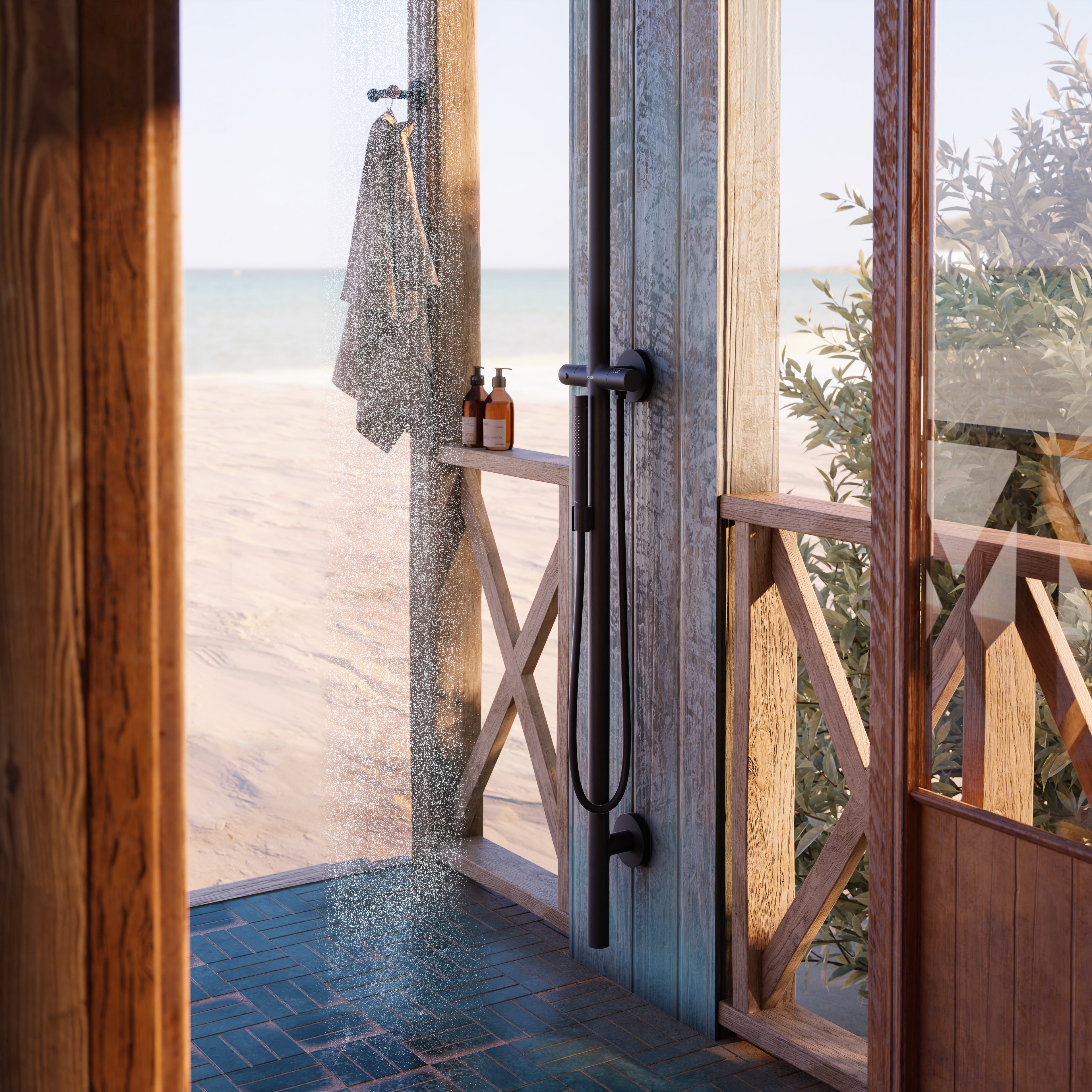 AXOR Starck Nature Outdoor Shower Column with Overhead Shower 240 1jet from Brandt in Matt Black finish