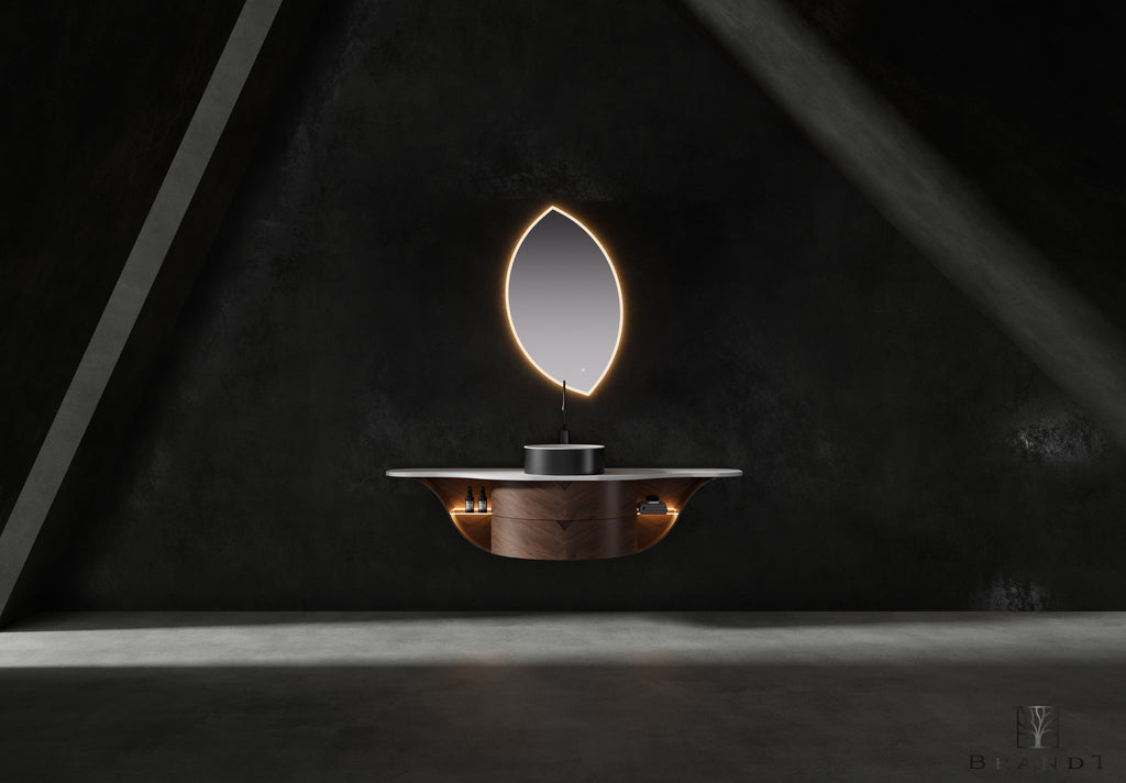 Eksklusivt baderomsmøbel med unik design på 170 cm med enkel toppmontert servant. Arcana baderomsmøbel fra Brandt Bad er bygget i valnøtt og har skuffer og hyller for god oppevaring.