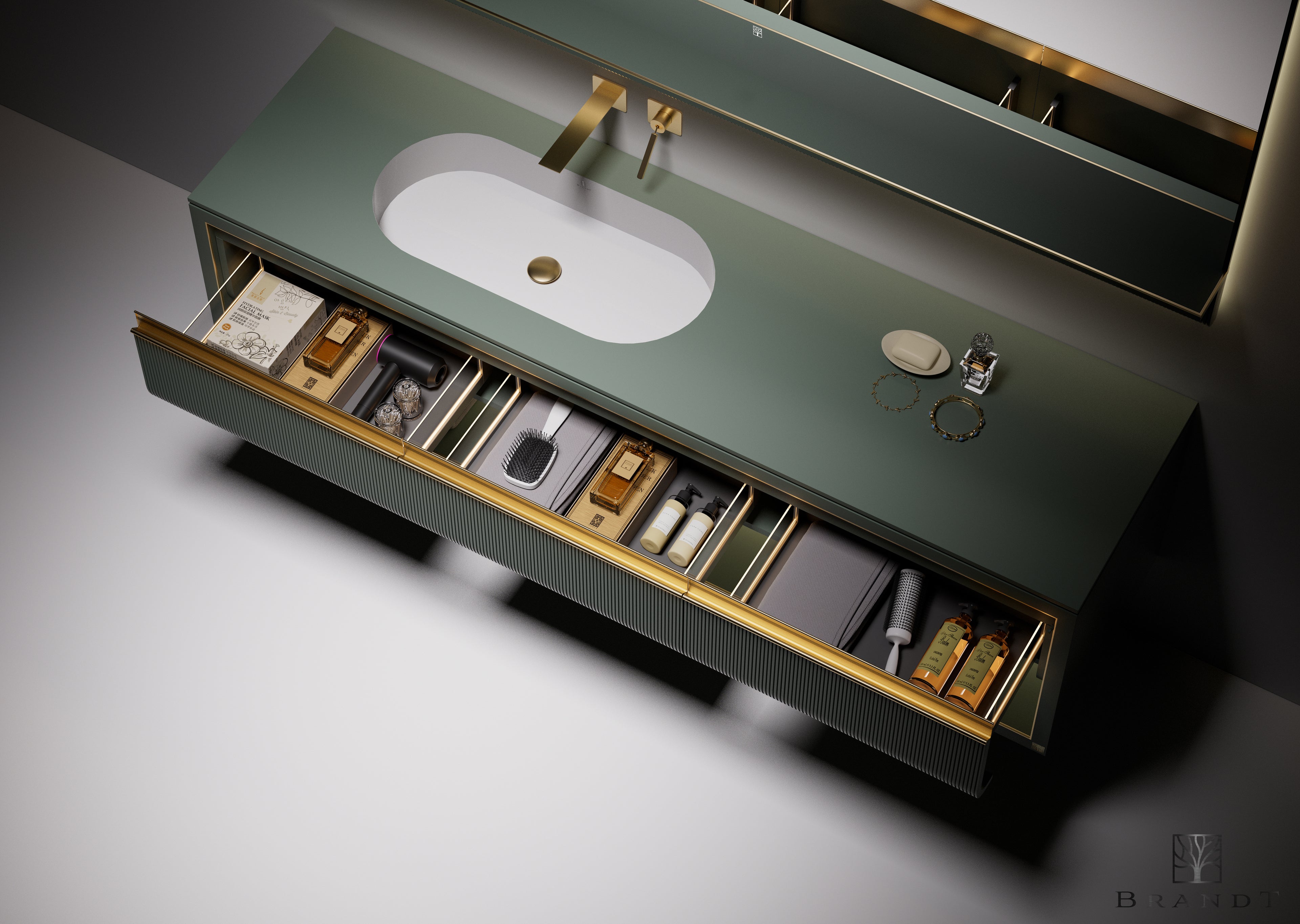 Eksklusivt vegghengt design baderomsmøbel 1500 mm bredde i grønn metallic farge og grønn benkeplate sett ovenfra. LED-belysning i de åpne skuffene og detaljer i messing. Speil med hylle for oppbevaring og LED belysning.