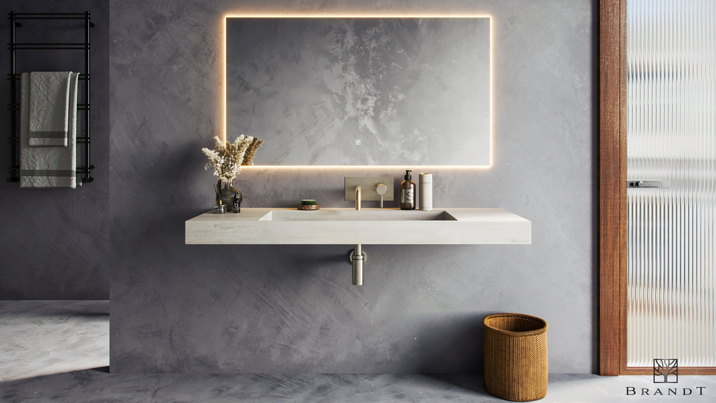 EDGE 120 cm Vegghengt Servant sett forfra i Betongliknende Lunar Grey fra Brandt Bad med vegghengt servantbatteri BOX006 og vannlås XACC167 i Brusjhed Nickel fra Tapwell.