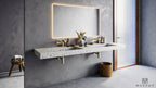 EDGE 180 cm Vegghengt Dobbelservant sett skrått forfra i Terrazzo White fra Brandt Bad med vegghengt servantbatteri BOX006 og vannlås XACC167 i Brushed Nickel fra Tapwell.
