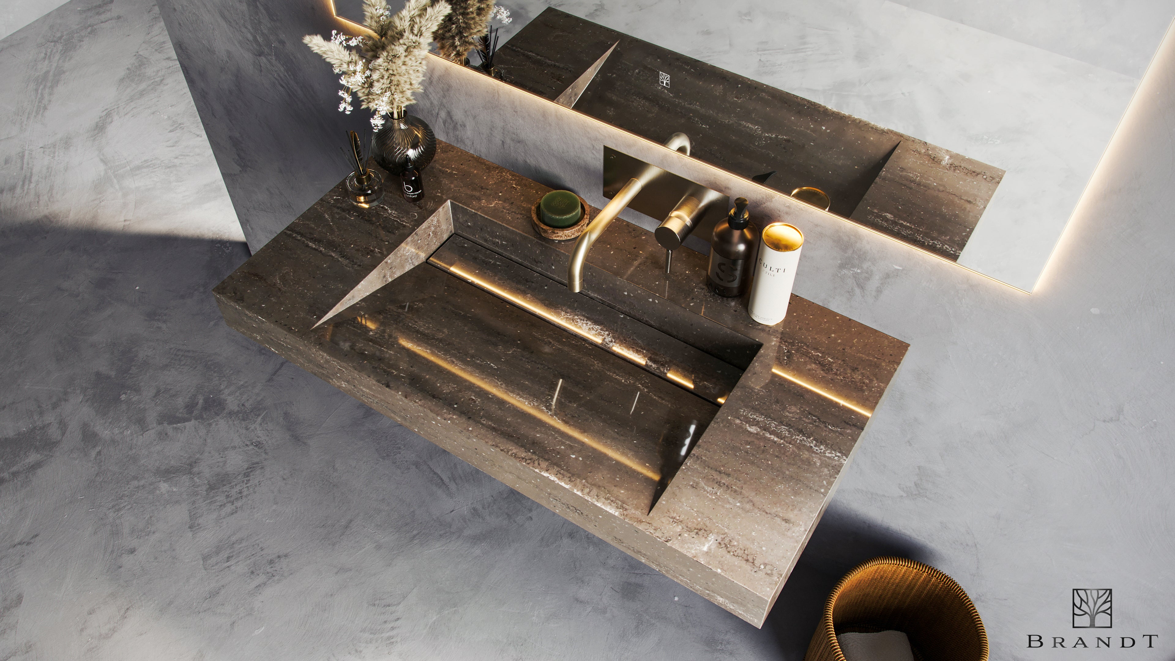 EDGE 90 cm Vegghengt Servant sett skrått ovenfra i Galakseliknende Galaxy Grey fra Brandt Bad med vegghengt servantbatteri BOX006 i Brushed Nickel fra Tapwell.