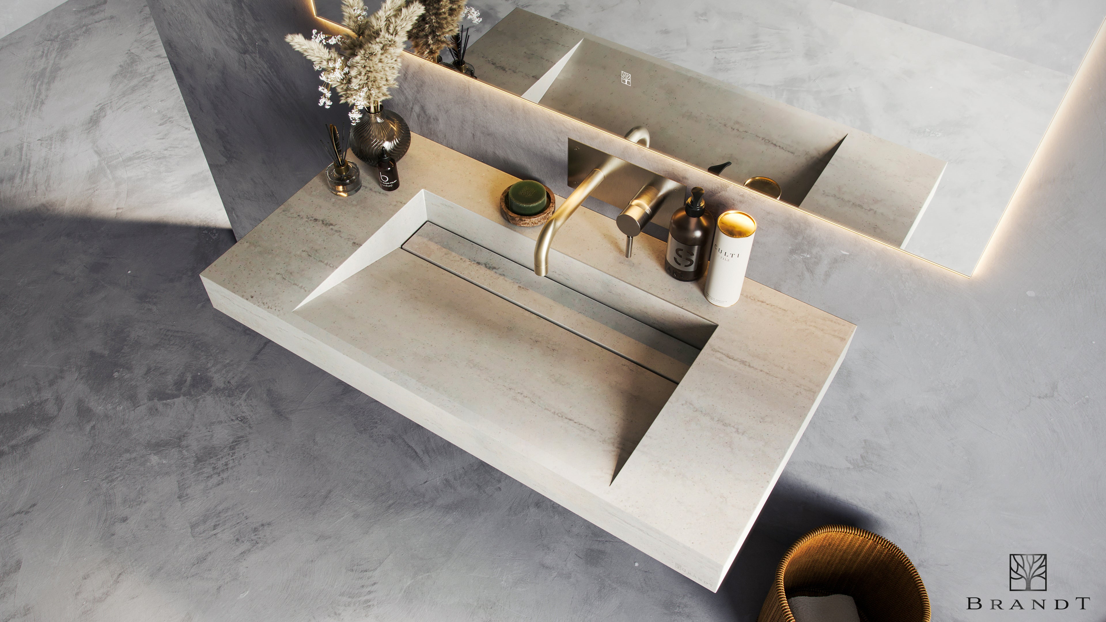 EDGE 90 cm Vegghengt Servant sett skrått ovenfra i Betongliknende Lunar Grey fra Brandt Bad med vegghengt servantbatteri BOX006 i Brushed Nickel fra Tapwell.